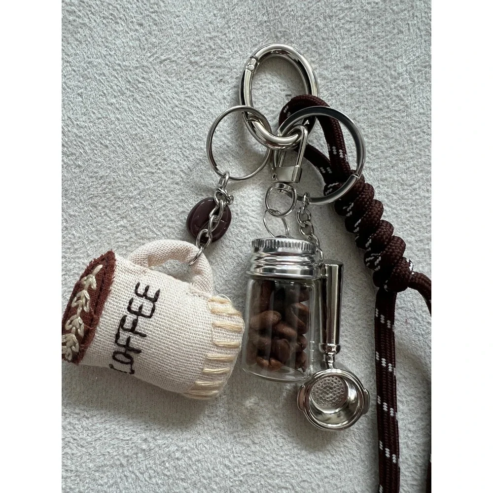 Coffee Barista Keychain Charm Brown Paracord Mug Portafilter Bean Jar Accessory - Picture 1 of 10